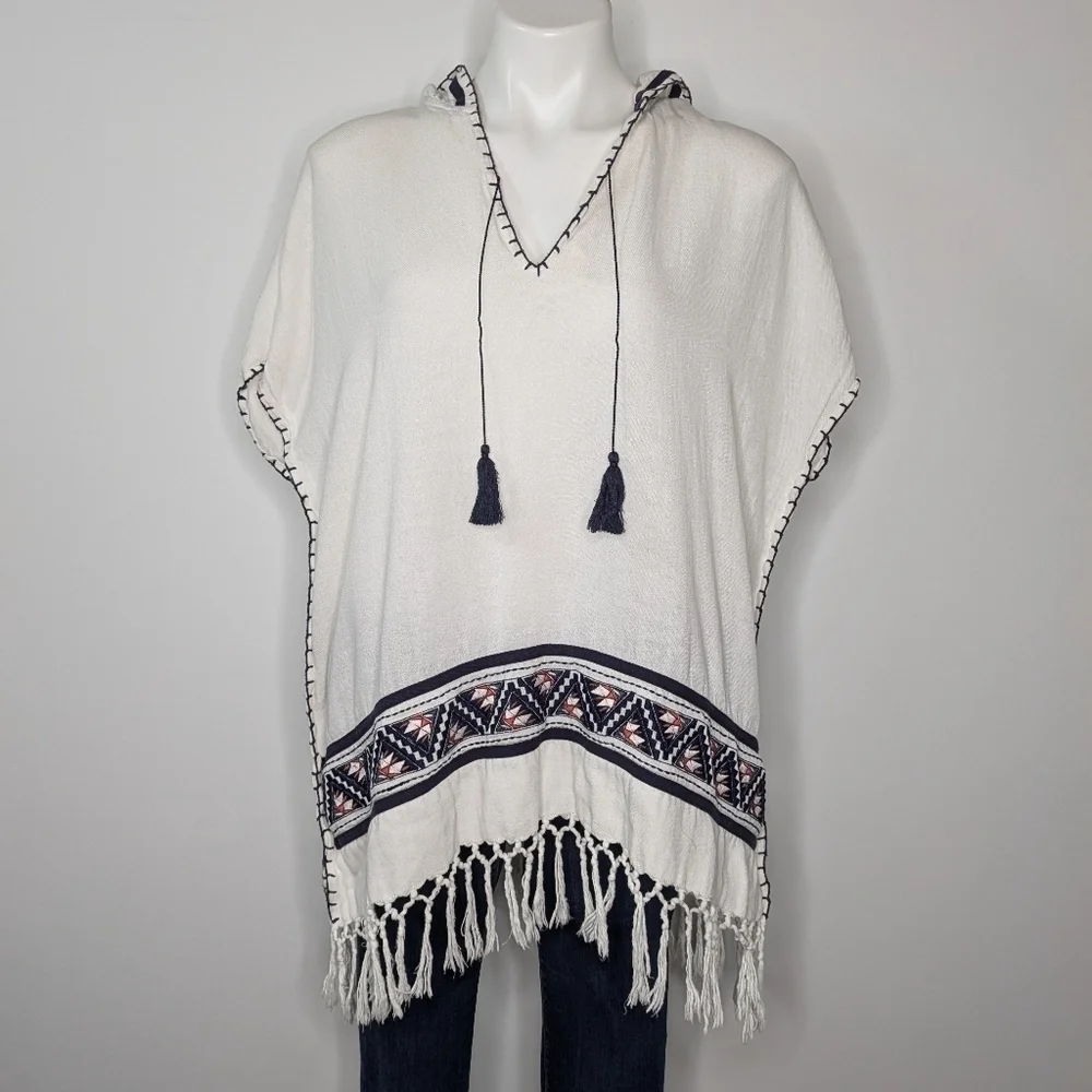Tory Burch white blue orange tassel 100% cotton hooded cover up top XS/S
